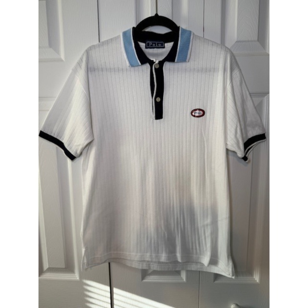 Vintage Polo Ralph Lauren Ribbed Polo Shirt Size L White Navy Oval Badge